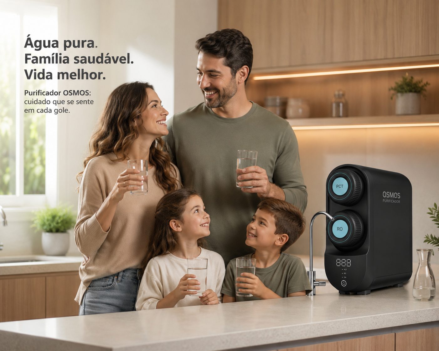 Família sorrindo na cozinha, servindo água filtrada ao lado do purificador OSMOS. Texto na imagem: Água pura. Família saudável. Vida melhor. Purificador OSMOS: cuidado que se sente em cada gole.